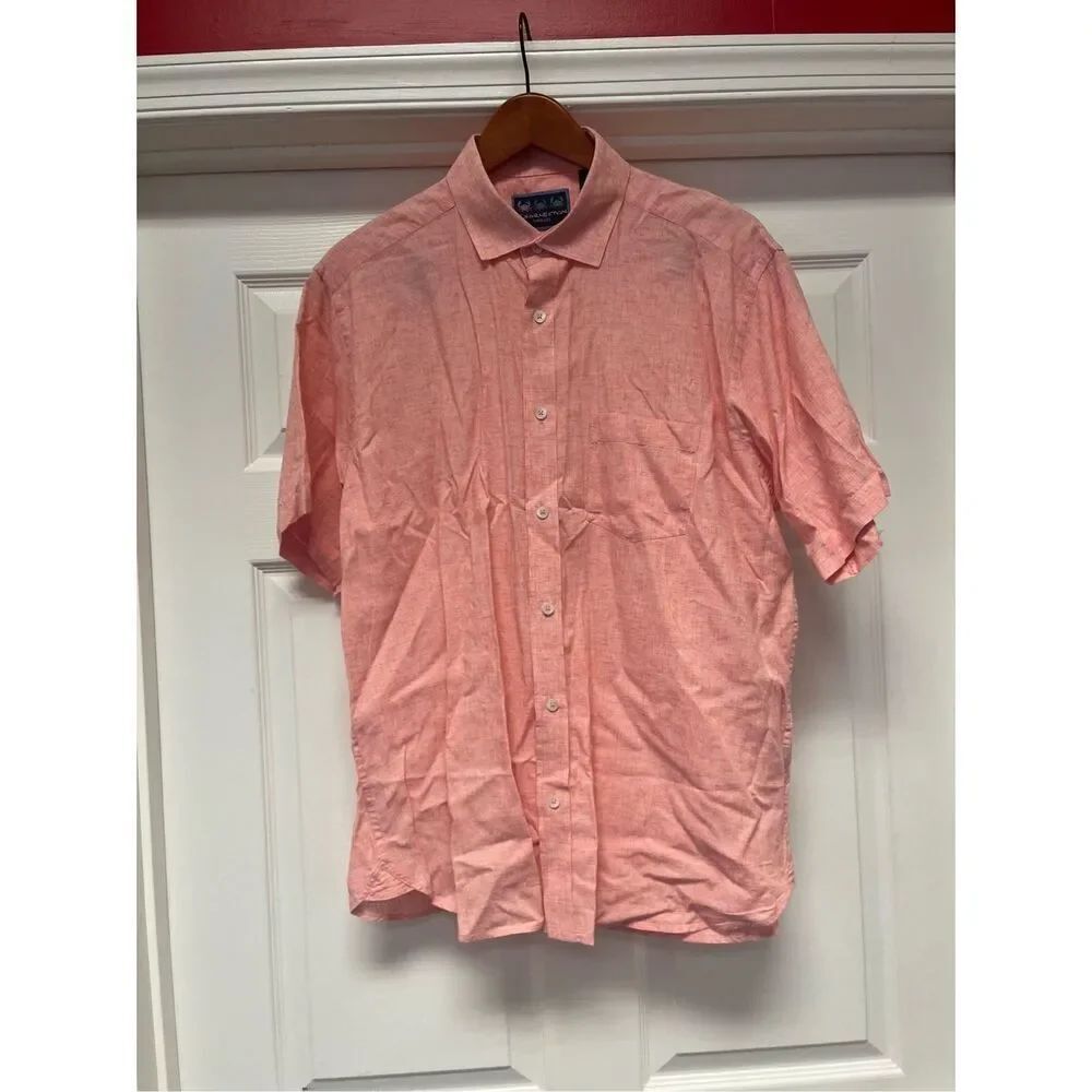Charleston Threads Peach & Pink Tencel Blend Button Down Short Sleeve Shirt sz L